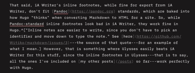 Screen capture from iA Writer software showing how footnotes look in it