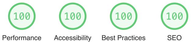 Screen capture from a Lighthouse CLI report showing perfect ”100” scores for “Performance,” “Accessibility,” “Best Practices,” and “SEO” Screen capture from a Lighthouse CLI report showing perfect ”100” scores for “Performance,” “Accessibility,” “Best Practices,” and “SEO”