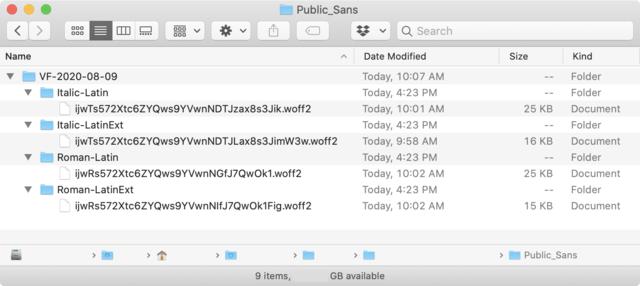Screen capture of OS folder with Public Sans typeface files Screen capture of OS folder with Public Sans typeface files