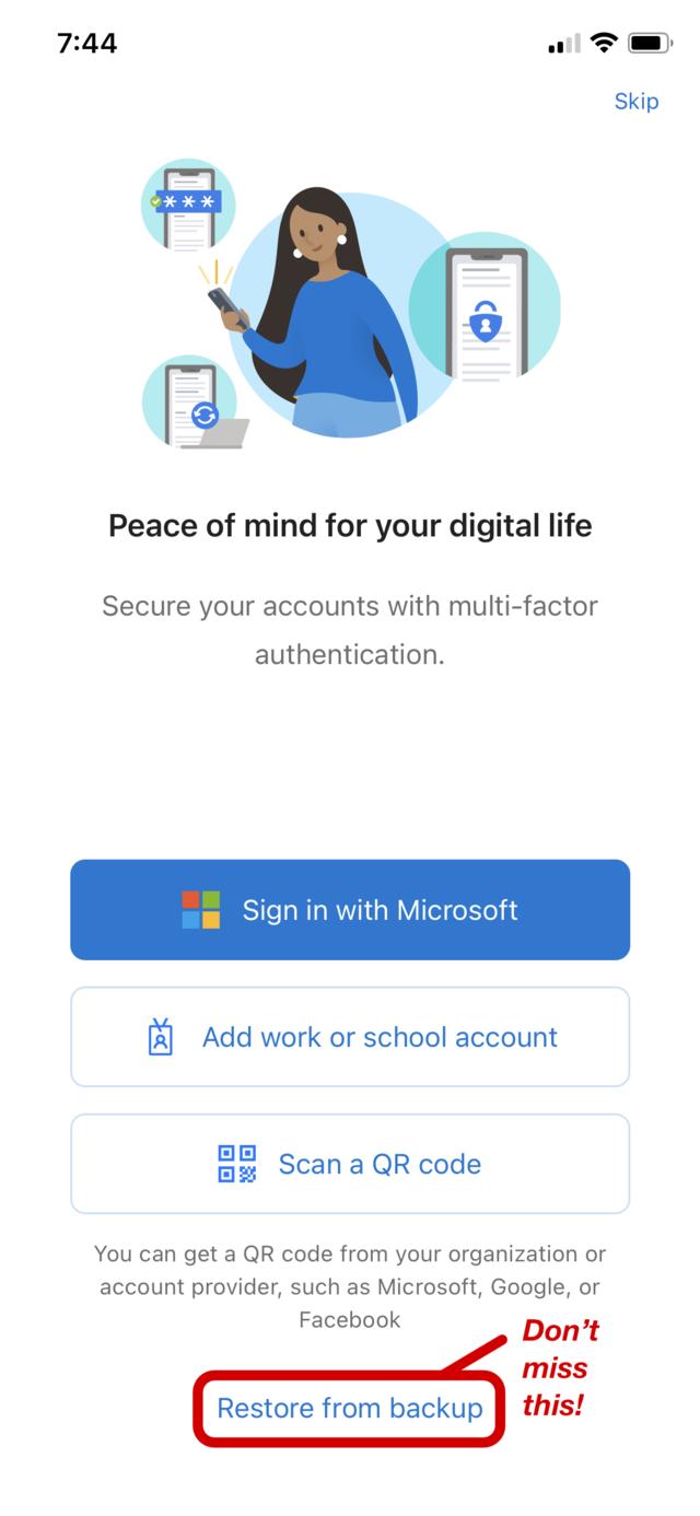 Annotated screen capture from Microsoft Authenticator application setup process Annotated screen capture from Microsoft Authenticator application setup process