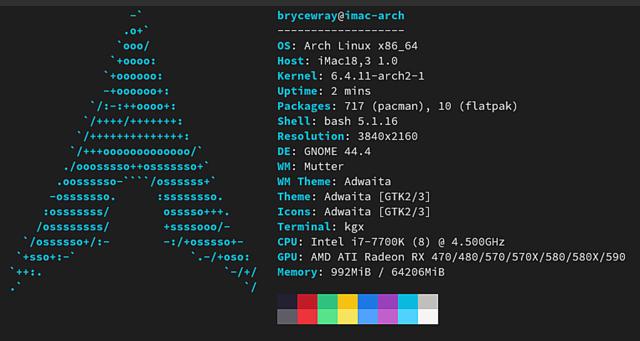 ASCII art output from the “neofetch” app, showing Arch Linux running on a 2017 iMac ASCII art output from the “neofetch” app, showing Arch Linux running on a 2017 iMac