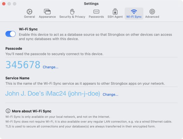 Edited screen capture of Strongbox Wi-Fi Sync settings Edited screen capture of Strongbox Wi-Fi Sync settings